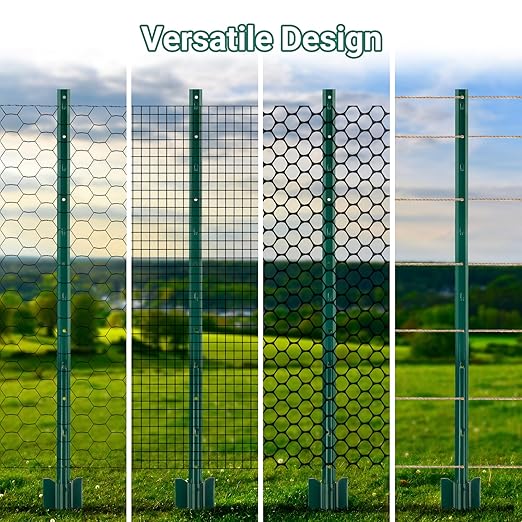 Metal Fence Posts, Pack of 10 4 FT Green Heavy Duty U Posts, No Dig T Posts for Fences Wire Mesh, Perfect for Temporary Fencing, Electric Fence Wire, Corner Anchor