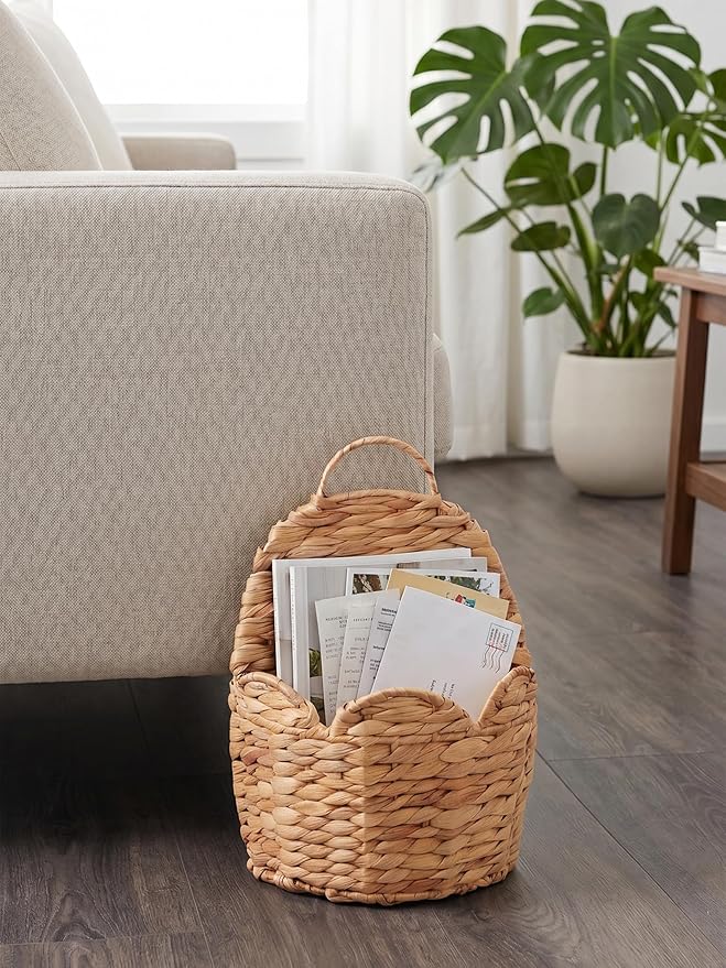 Door Basket Scalloped Hanging Storage Basket,Water Hyacinth Woven Wall Baskets for Front Door Decor, Hangable Storage Organize for Flowers,Planter,Mails,Wicker Baskets for Organizing Garden - S