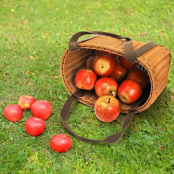 Wicker Shopping Basket with Handle, 12" x 8.5" x 6" Hand-Woven Picnic Basket, Open Top Market Harvest Basket for Food Storage, Kitchen Organization, Home Decor, Camping, Easter Eggs, Gifts
