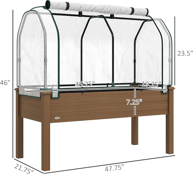 Outsunny Raised Garden Bed with PE Greenhouse Cover Outdoor Elevated Wood Planter Box for Herbs and Vegetables, Use for Patio, Backyard, Balcony, 48 x 22 x 46 inch, Brown
