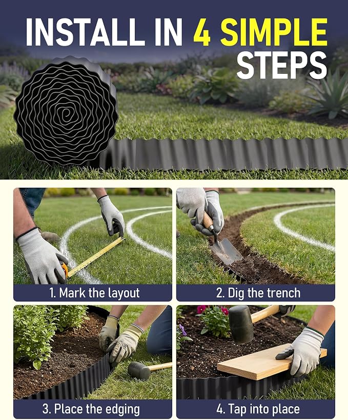 Corrugated Metal Garden Edging, 6"×40Ft Durable Landscape Border for Garden, Lawn, Flower Beds and Paver Edging (Black)