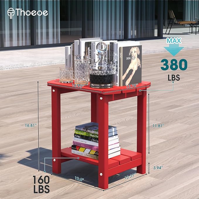THOEOE Adirondack Outdoor Side Table, 2-Tier Sturdy Patio End Table Weather Resistant, Morden Side Table for Patio, Pool, Porch, Red