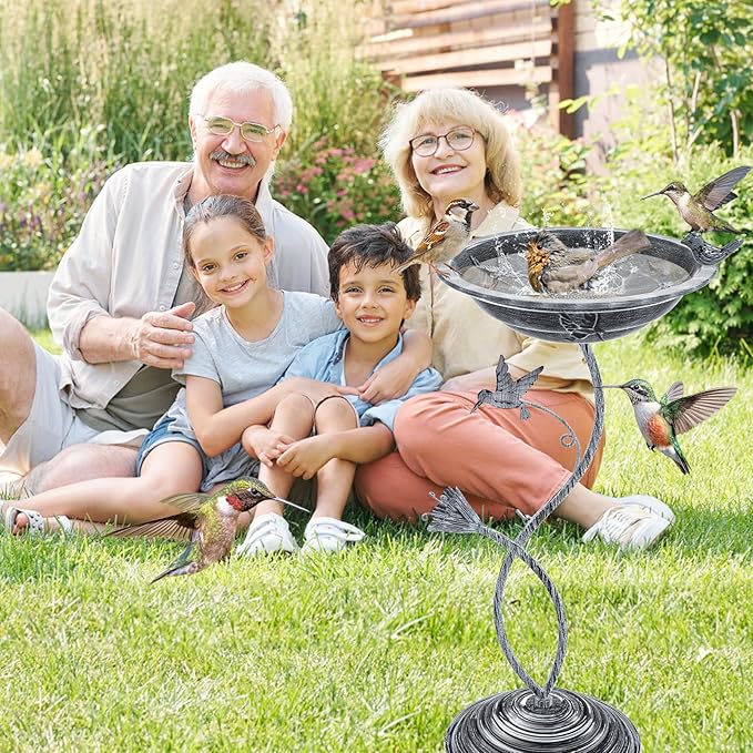 Bird Bath Garden for Outside, Vintage Metal Birdbaths Bowl with Roman Pedestal for Outdoors, Standing Bird Bath Bowl Birdfeeder for Yard Lawn Decor (Vintage Silver - Hummingbird)