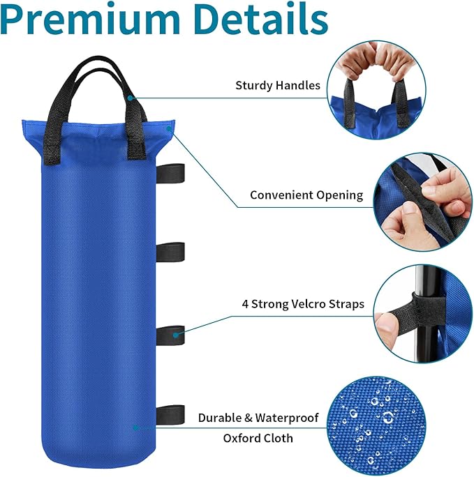 4 Sand Bags for Weight, Heavy Duty Sandbags for Canopy Legs, Extra Large Pop Up Tent Weights, Canopy Weight Bags for Gazebo, Outdoor Sun Shelter, Umbrella - Blue, 6"×20", Without Sand