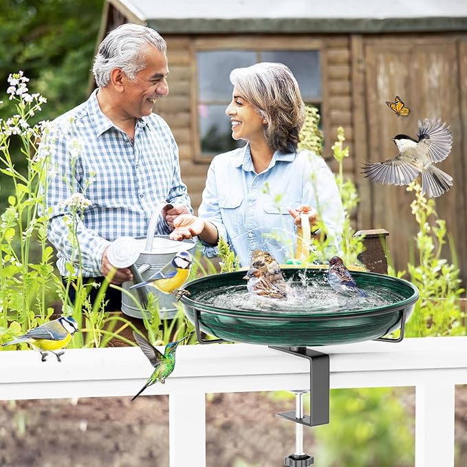 Deck Mounted Metal Bird Bath for Outside, Detachable Birdbath Bowl with Adjustable Steel Clamp, Outdoor Bird Feeder for Railing Balcony Fence Yard Art Garden Decor (Vintage Green)