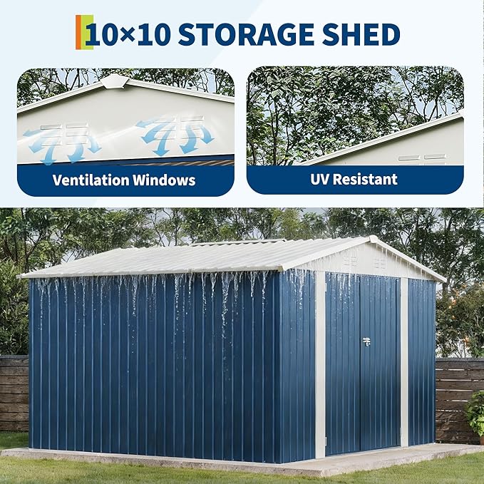 Garvee 10 X 10 FT Outdoor Storage Shed,Metal Garden Sheds&Outdoor Storage Clearance, Large Outdoor Storage Shed for Tools, Lawn Equipment, Garden Supplies - All Weather Lockable Metal Shed