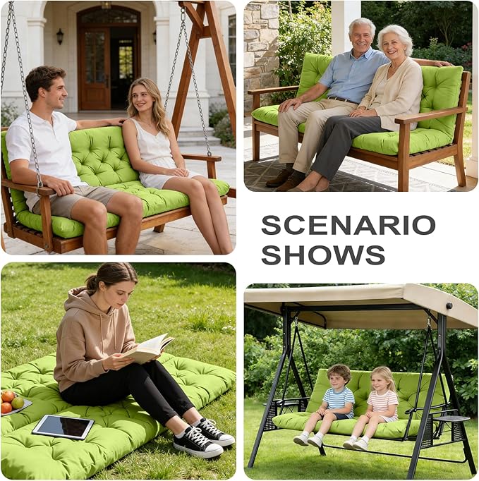 Porch Swing Cushions,Outdoor Cushions 3 Seater Replacement with Backrest, Waterproof Thickened Bench Cushion with Ties for Porch, Patio,Outdoor, Backyard and Garden (Grass Green 60 * 40 in)