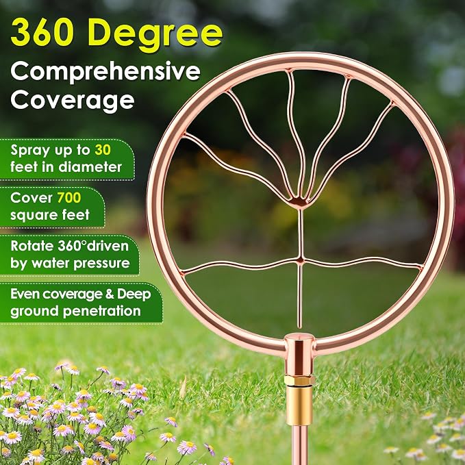 34" H Copper Coated Stainless Steel Ornamental Sprinkler, Corrosion Resistant Garden Rotating Sprinkler 360 Degree Shape Decorative for Lawn Garden Landscape(Wave Fan Shape)
