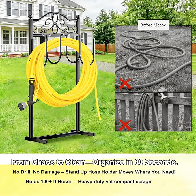 Upgraded Garden Hose Holder - Heavy Duty Freestanding Metal Hose Holder with 4 Stabilizing Spikes, Sturdy Hose Hanger up to 100ft Hose for Yard, Lawn & Outdoor Garden (Black)