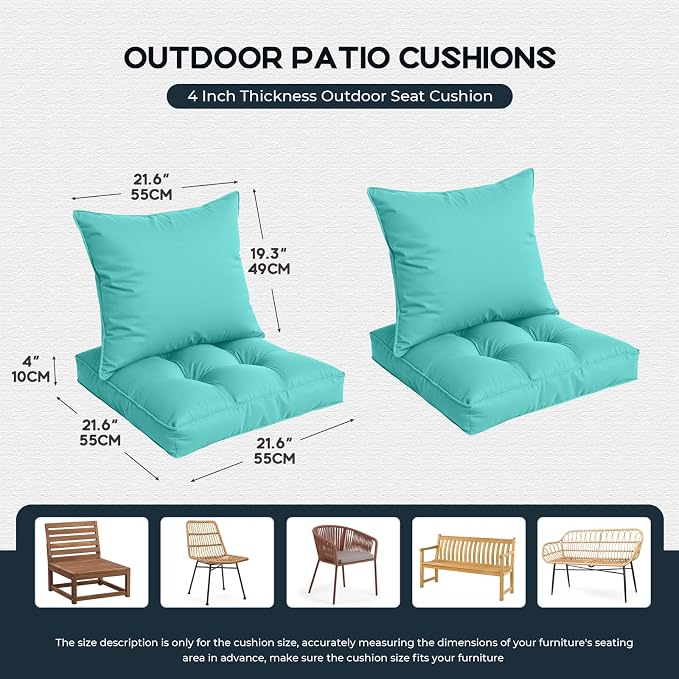 22x22 Waterproof Outdoor Chair Cushions Set of 2, Patio Cushions for Outdoor Furniture Water-Resistant & Fade-Resistant, Deep Seat & Back Cushion for Wicker Sofa (Teal)