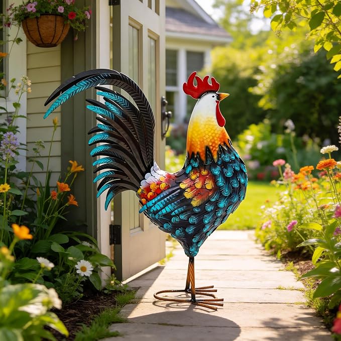 32in Large Metal Rooster Decor, Outdoor Garden Statues, Metal Chicken Sculpture for Backyard Patio Garden Kitchen Décor