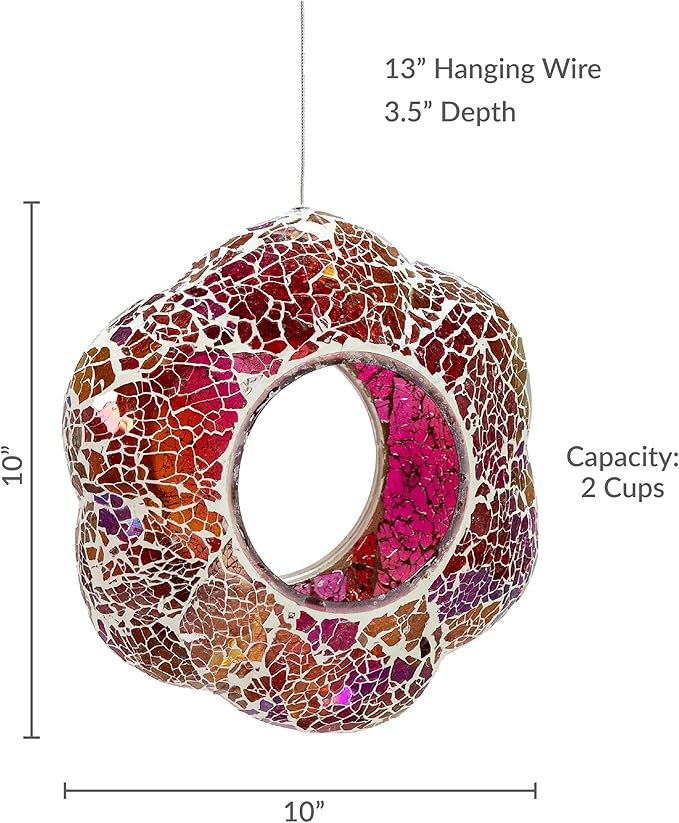 Sunnydaze 10-Inch Glass Mosaic Hanging Bird Feeder for Outdoors - Fly-Through Glass Bird Feeder for Cardinals, Jays, Finches and More - Pearl Pink Flower
