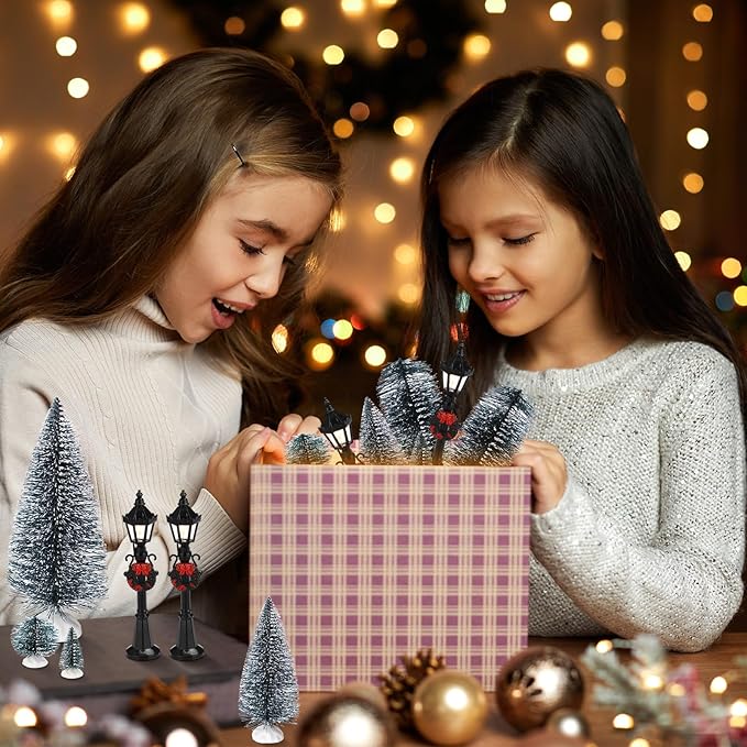 Hotop 18pc Christmas Village Accessories 47.2 Inch Village Roads Mini Snowy Trees Streets Light Lamppost Hedge Figurines Set for Display Winter Holiday Decorations DIY Crafts No Batteries(Modern)