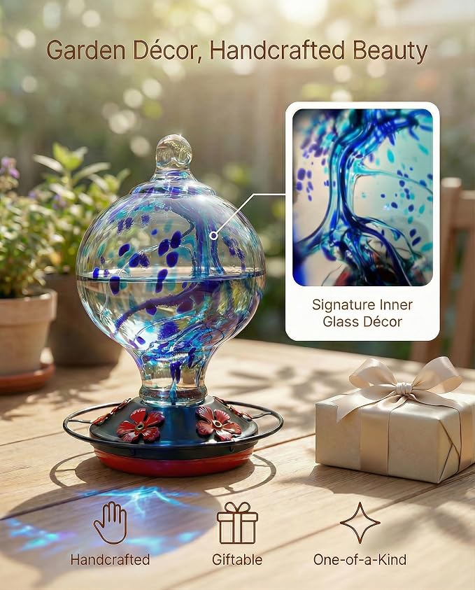 Hummingbird Feeder for Outdoors Hanging, 34 Oz, Handcrafted Gift Inner Glass Décor for Bird Garden Lover, Ant Moat & Bee-Resistant Ports, Hook & Brush Included, Ocean Blue