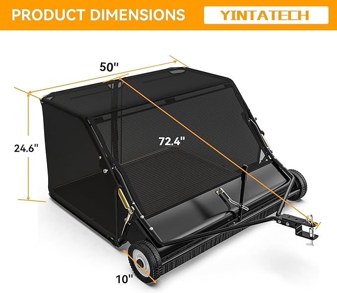 YINTATECH 50in Tow-Behind Lawn Sweeper, Heavy-Duty Garden Sweeper with 25 Cu. ft Hopper Bag, Leaf Grass Collector, Adjustable Brush Height, Anti-Splash Cover, Dumping Rope for Yard Lawn