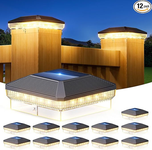 12 Pack 4x4 Solar Post Cap Lights with 3 Modes, 40 LEDs Fence Post Solar Lights Outdoor Waterproof, 30 Lumens Fence Deck Post Lights Solar Powered for 4x4 3.5x3.5 Vinyl Wooden Posts