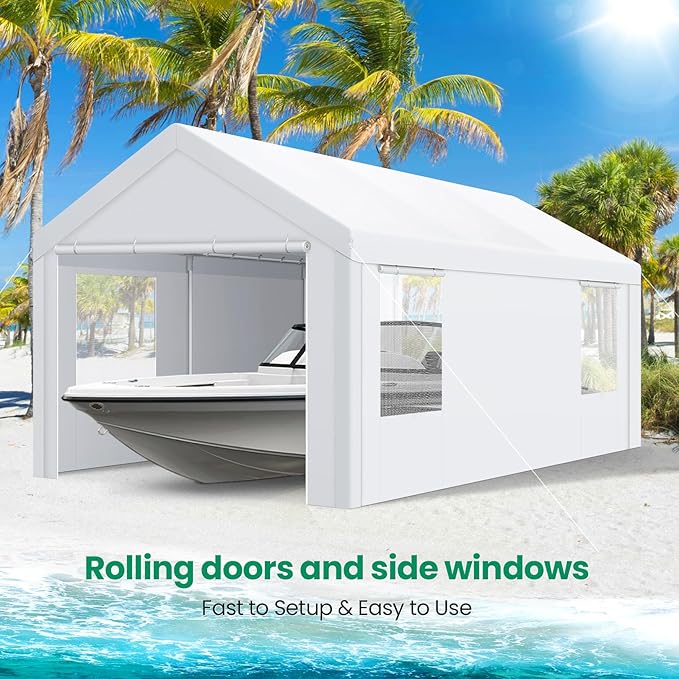COBIZI 10x20 FT Heavy Duty Carport with Galvanized Frame, Carport Canopy with Roll-up Windows, Storage Tent with Removable Sidewalls & Doors, Built-in Sandbags for Car Boat Truck, White