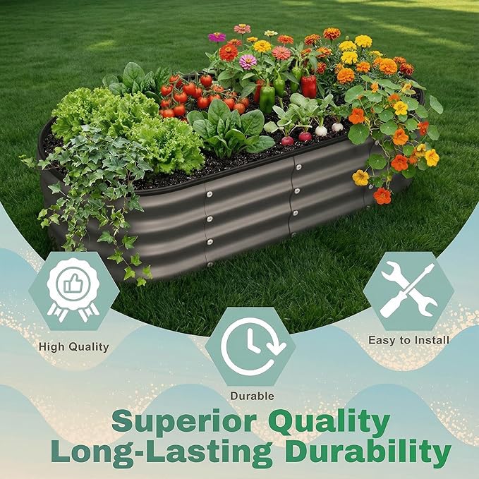 4x2x1 FT Oval Metal Raised Garden Bed, Elevated Garden Planter Box Outdoor, Trough Planter for Outdoor Plants, Flower, Vegetables, Fruit, Herbs (Dark Gray, 1PC)