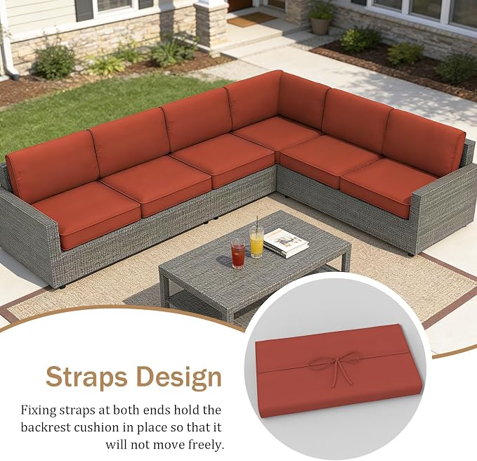 14 Piece Outdoor Furniture Replacement Cushions, Cover+Filling, 25.6" x 25.6" x 4" Foam Waterproof Outdoor Sofa Cushion Sets, Fit Wicker Rattan Sectional Conversation Set,Brick Red