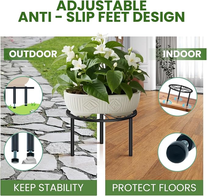 TOSKING Heavy Duty Metal Plant Stand - 9" Round Classic Scroll Pattern, Adjustable Non-Slip Leveling Feet, Rustproof, Decorative Display Shelf for Small to Medium Plants, Indoor/Outdoor, Black (9"Dia x 5.2"H)