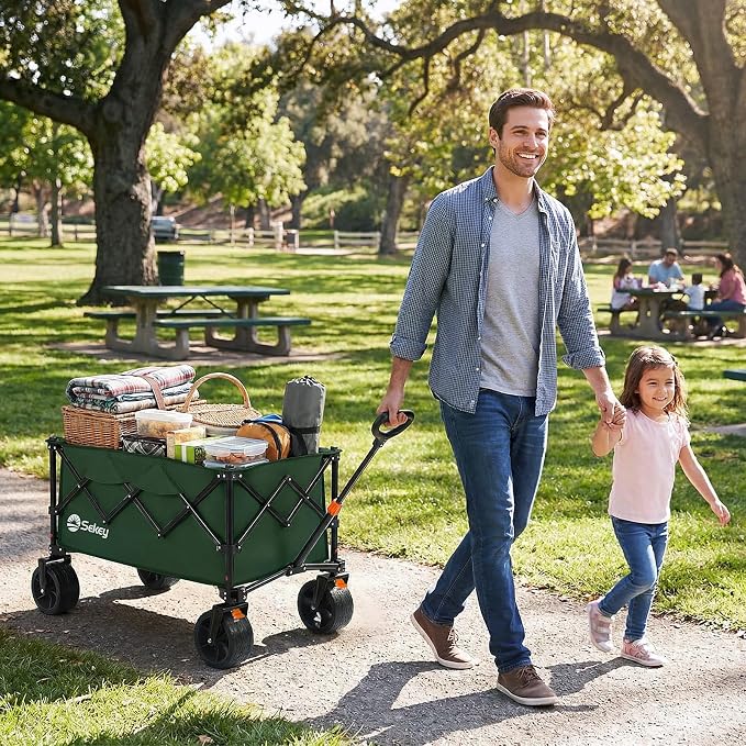 Sekey 150L Wagons Carts Foldable with Big All-Terrian Beach Wheels, Collapsible Heavy Duty Wagon, Extra Large Folding Wagon, Foldable Wagon for Camping, Garden, Sports. Dark Green