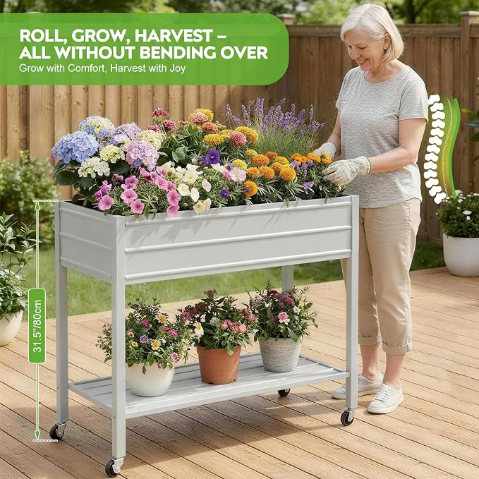 32" Tall Galvanized Raised Garden Bed with Legs Wheels & Shelf, Elevated Planter Box Outdoor for Vegetables, Herbs & Flowers, Patio & Backyard, Garden Bed with 400lb Capacity，Grey