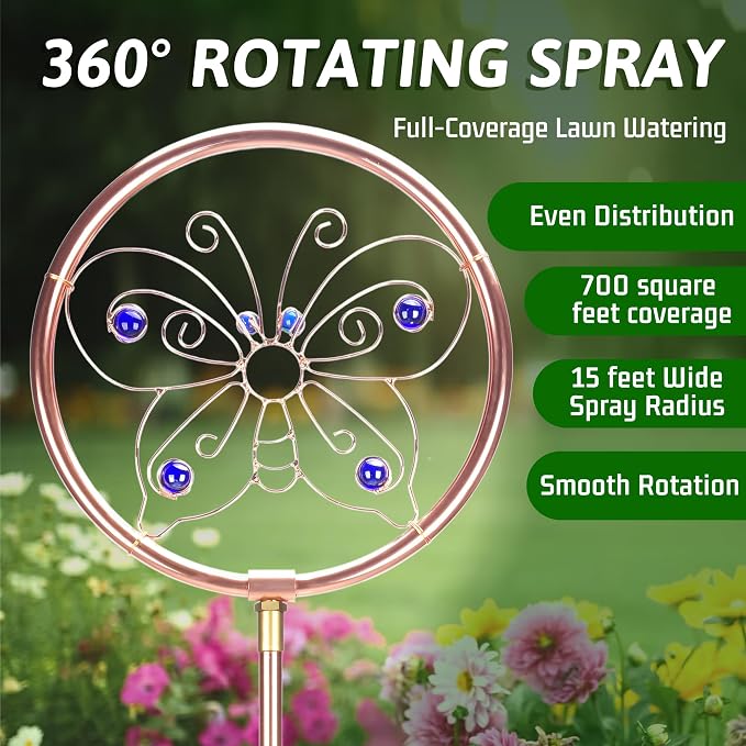34" Tall Copper-Coated Stainless Steel Garden Sprinkler, 360° Rotating Decorative Ornamental Sprinkler for Lawn, Yard & Landscape Watering (Butterfly)