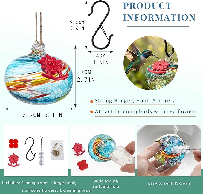 QFkris Blown Glass Hummingbird Feeder for Outdoors Hanging, Small Hummingbird Feeder with Flower Feeding Ports for Outside Garden Backyard Decor, Gifts for Women Mom(Blue)