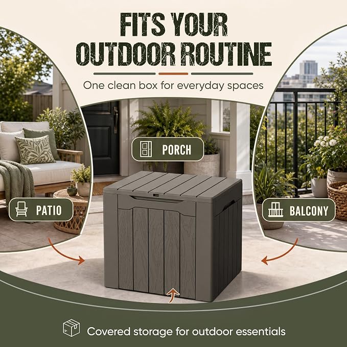 Flamaker Deck Box 30 Gallon, Waterproof Resin Small Storage Box with Lid, Outdoor Patio Furniture Cushion Garden Tool Organizer, Lockable Package Delivery Box for Porch Balcony (Deep Brown)
