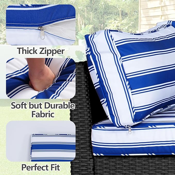 14Pcs Outdoor Cushion Covers Replacement Washable Waterproof UV w/Zipper for 6-Seaters Sofa Patio Slipcovers Set Seat and Back Covers Only (Deepblue Stripe, 25x25x3.15inch)