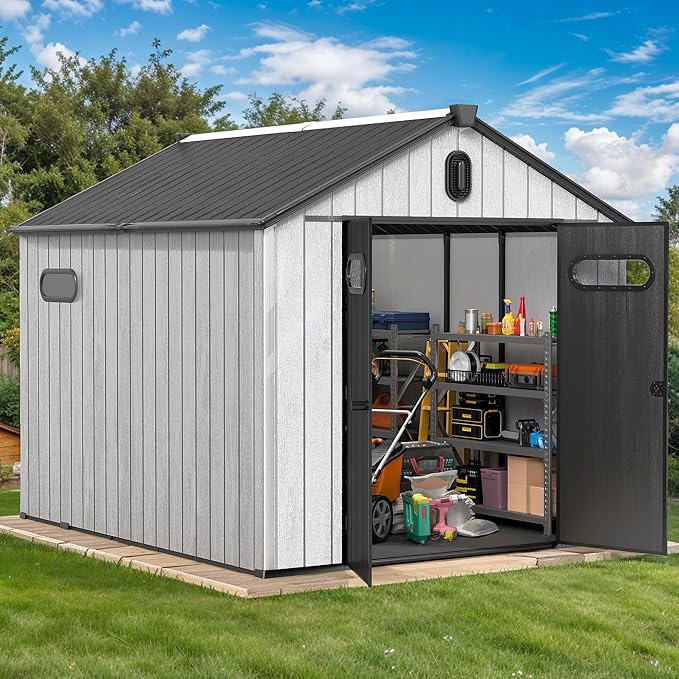 DWVO 8x10 FT Outdoor Storage Shed, 544 cuft Large Plastic Storage Shed with Floor & Lockable Door, Outside Tool Garden Shed with Windows & Vents for Patio Furniture/Lawn Mower, Black&Gray