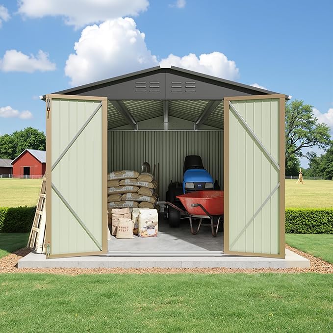 Greesum 8x12FT Outdoor Storage Shed, Utility Tool Shed with Sloping Roof, Metal Storaged Garden Shed with Door & Lock for Patio Storage, Brown