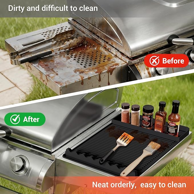 2Pack Silicone Grill Mat for Blackstone - 16x11.5 Inch Non-Slip Tool Mat with Sauce Drip Pad & Wavy Grip, Outdoor BBQ Accessories & Gifts for Men, Dad, Grilling (Black)