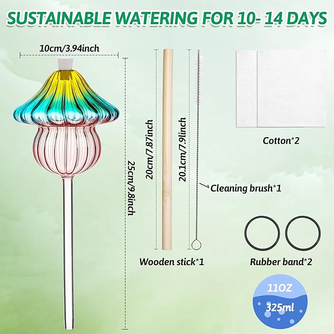 11 oz Large Plant Watering Globes, Mushroom Gradient Color Glass Watering Bulbs, Vacation Plant Watering Devices, Self Watering Globes - Self Watering Planter Insert for Travel (Large 2-Pack)