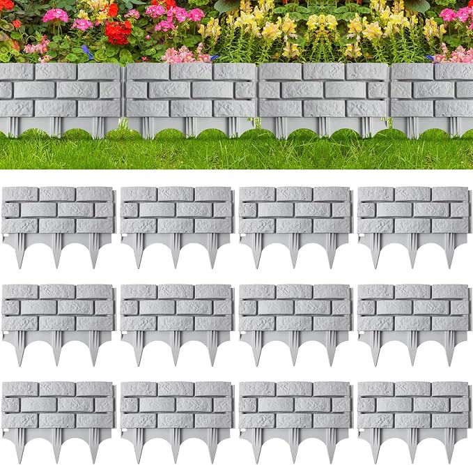 Landical 12 Pcs Imitation Stone Garden Fence, Faux Stone Retaining Wall Look Garden Bricks Border with Ground Stakes, 17.3 x 12.6 in Gray Plastic Edging Blocks for Flower Beds, Lawn, Mulch (Gray)