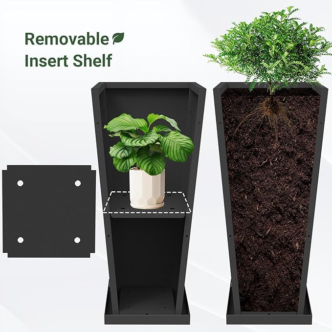 Metal Tall Outdoor Planters Set of 2, 30 inch Durable Tall Planters with Rust-Proof Coating & Drainage Insert Shelve & Trays, Black Outdoor Planters for Porch, Garden, Patio, Yard