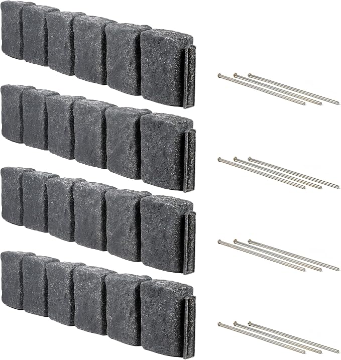 Beuta Landscape Edging | Garden Edging Border | Faux Stone Block XL for Lawn Edging, Flower Beds & Yard Edging – 4 Pack | Each Section Has 6 Blocks 48" L x 4" W x 9.5" H | 12 Spikes | Charcoal