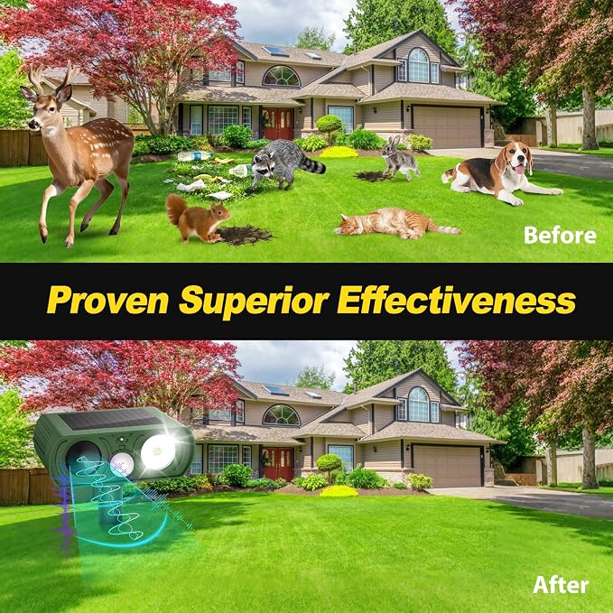 Solar Ultrasonic Animal Repellent Outdoor, Deer Repellent Devices Waterproof, Cat Squirrel Rabbit Dog Raccoon Deterrent Animal Repeller with Motion Detection, Keep Skunk Away for Yard, Green, 2 Pack