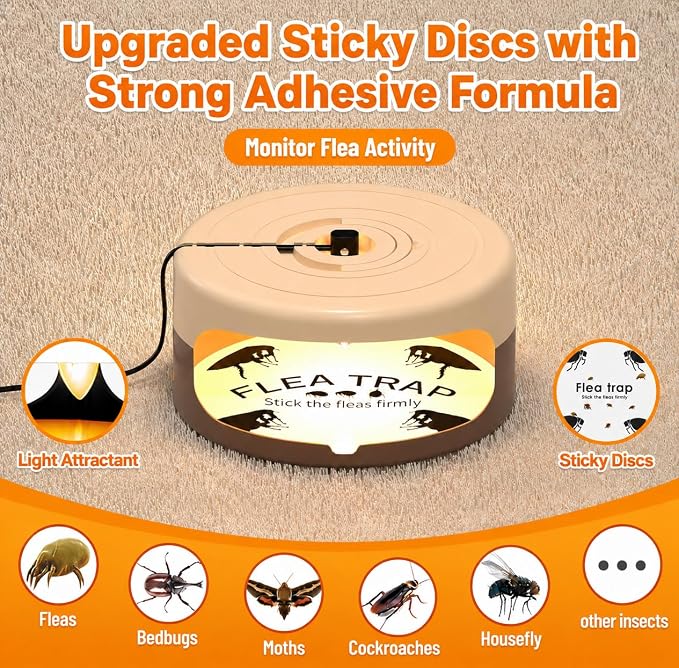 2 Pack Flea Traps for Inside Your Home, Indoor Flea Light Trap with 8 Sticky Pads & 4 Replacement Bulbs, Indoor Flea Trap Sticky Insect Catcher for Fleas, Moths & Gnats