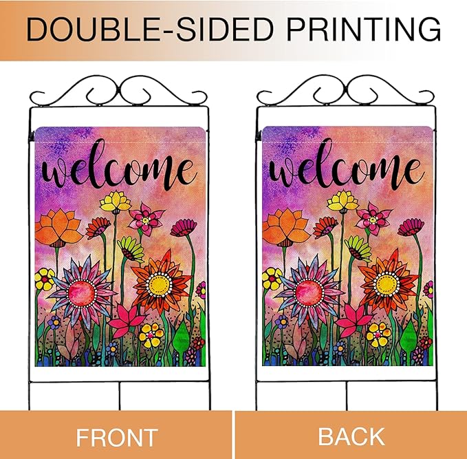 Hzppyz Welcome Spring Summer Watercolor House Flag Double Sided, Flowers Decorative Garden Yard Lawn Outdoor Large Burlap Flag Vintage Sunflower Decor Farmhouse Seasonal Outside Decorations 28 x 40