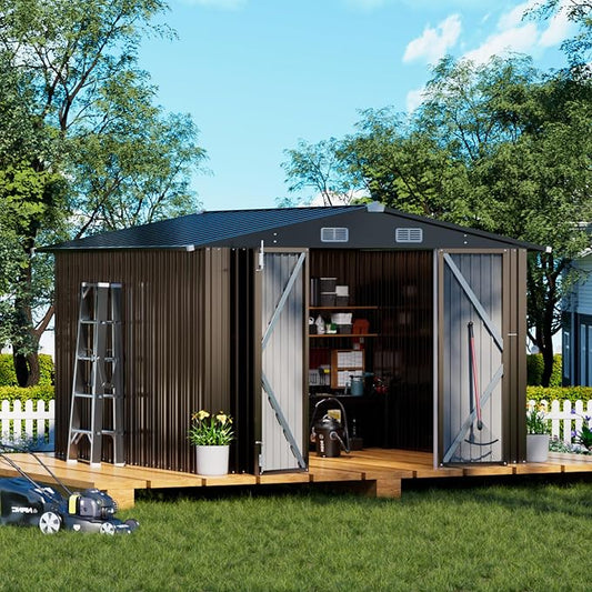 COMHOMA Shed Outdoor Storage Shed Metal,Lockable Doors Tool Sheds with Sloping Roof,Steel Garden Shed with Air Vent for Backyard,Patio,Lawn,Poolside (Brown, 10'x10')
