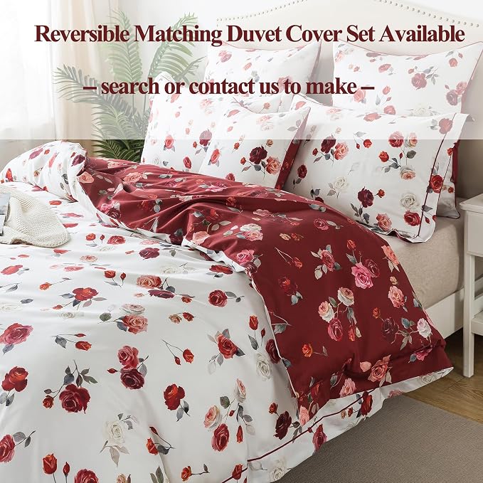 FADFAY Red Rose Sheets Cal King Vintage Rose Floral Bedding Chic Rose Flower Sheets Shabby Farmhouse Bedding 100% Egyptian Cotton 800 Thread Count Deep Pocket Fitted Sheet 4Pcs, California King Size