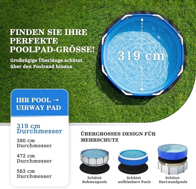 UIRWAY 10 Ft Round Pool Liner Pad for Above Ground Pool, [2026 New Pool Pad 300G/M² Thicker] Black Puncture Resistant Pool Ground Cloth Protector Mat - Weed Barrier, Extend Liner Life,10FT (φ319cm)