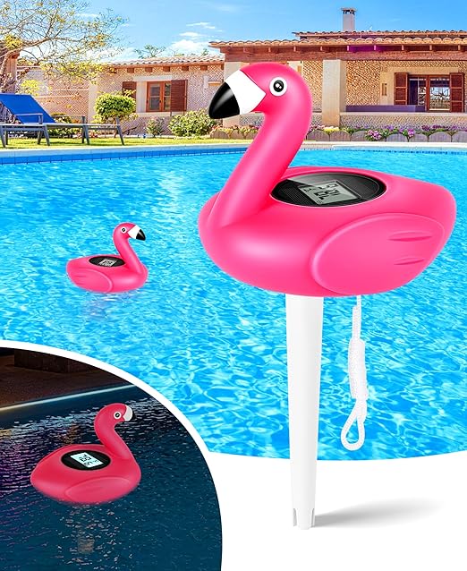 FirstE 2026 Solar Digital Pool Thermometer Come with Rope | Backlit LCD Display for Easy Read | Flamingo Pool Temperature Thermometer Floating Design | Ultra-accurate Temperature Gauge for Hot tub,Spa