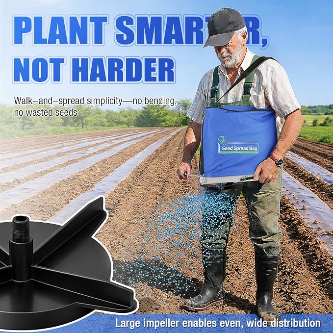 Zipcase 25lb Bag Seed Spreader with Waterproof Bag, Rare Baffle and Accurate Gears, Handheld Grass Seed Spreaders for Lawns, Blue