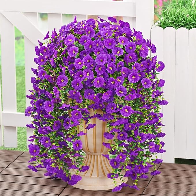MARTINE MALL 2 Pcs Look Real Artificial Flowers for Outdoors, Realistic Artificial Hanging Flowers for Outdoors, UV Resistant Fake Hanging Plants Silk Petunia Faux Flowers for Porch Patio, Purple