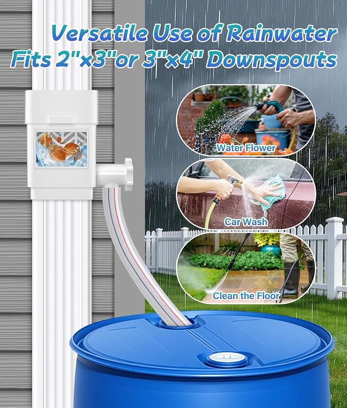 2026 Upgraded Rain Barrel Diverter Kit, Rainwater Collection System with Built-in Filter Screen, Fits 2x3 or 3x4 inch Standard Downspout, Includes 3/4’’ GHT Rain Barrel Spigot, 39.37’’ Hose, White
