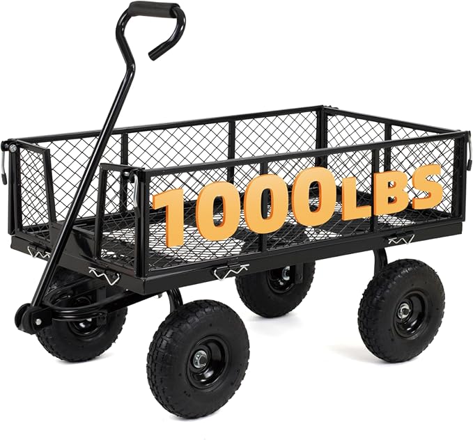 Finnhomy Heavy Duty 1000 Lbs Capacity Mesh Steel Garden Cart, Pullable Garden Wagons Carts on Wheels, Folding Utility Wagon with Removable Sides for Outdoor, Yard, Lawn, Black