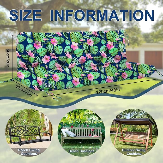 Premium 5" Thick Waterproof Outdoor Swing Cushions Sturdy Durable 2-3 Seat Replacement Porch Swing Cushions with Backrest&Ties Bench Cushion for Outdoor Furniture Backyard Patio (Flower02)