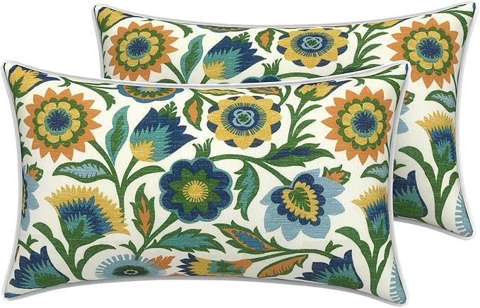 LVTXIII 2 Pack Outdoor Lumbar Pillow Covers 12x20 Inch with Piping, Water-Repellent Back Cushion Covers ONLY for Patio Furniture, Sofa, Garden Bench, Fiesta Floral